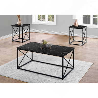 Ensemble de table 3 pièces ensemble de bout de café côté salon aspect marbre noir stratifié métal noir contemporain moderne.