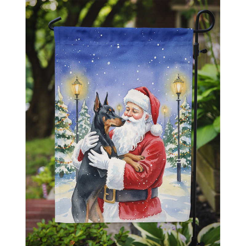 Doberman pinscher avec le drapeau du jardin du père Noël, Taille du jardin, Doberman pinscher