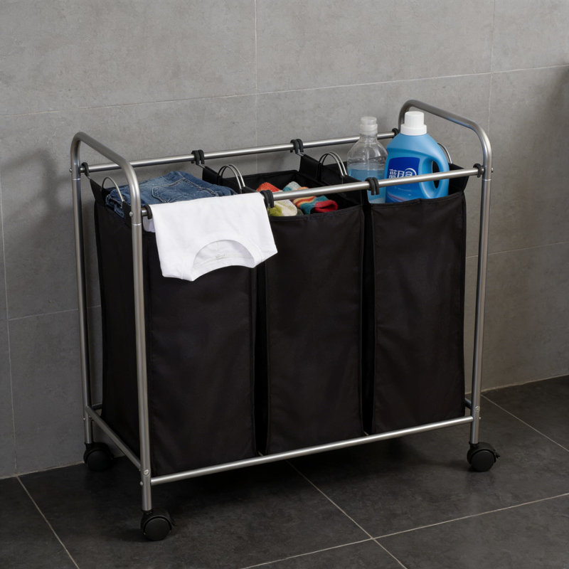 Triple panier à linge avec sacs en filet amovibles et roues verrouillables, chariot à linge mobile pour faciliter le tri et l'organisation