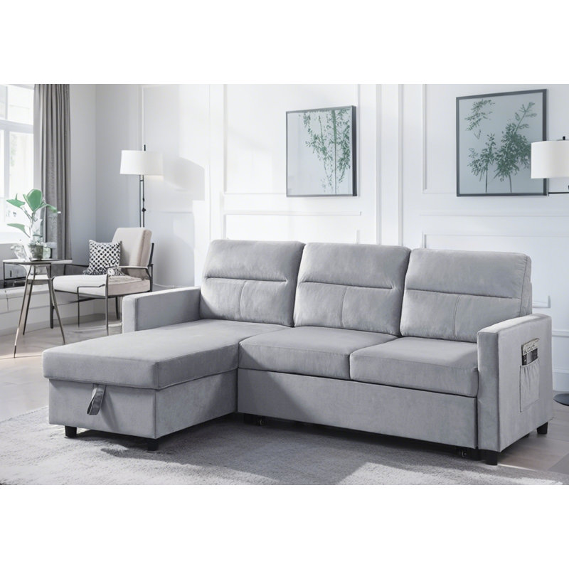 Light Gray 81.5" Velvet Reversible Sleeper Sectional Sofa With Storage Chaise And Side Pocket