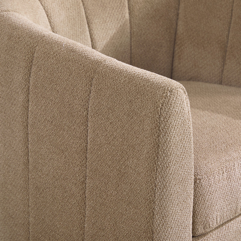 Fauteuil demi-tonneau pivotant rembourré en chenille avec base en bois massif, Taupe