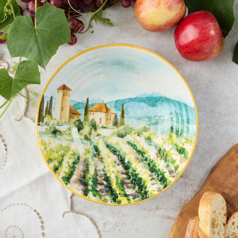 Ensemble de bols à pâtes en grès 4 pièces Tuscany - Design rustique d'inspiration italienne avec scène de vignoble imprimée - Parfait pour les pâtes, les salades, les soupes et les dîners de semaine douillets