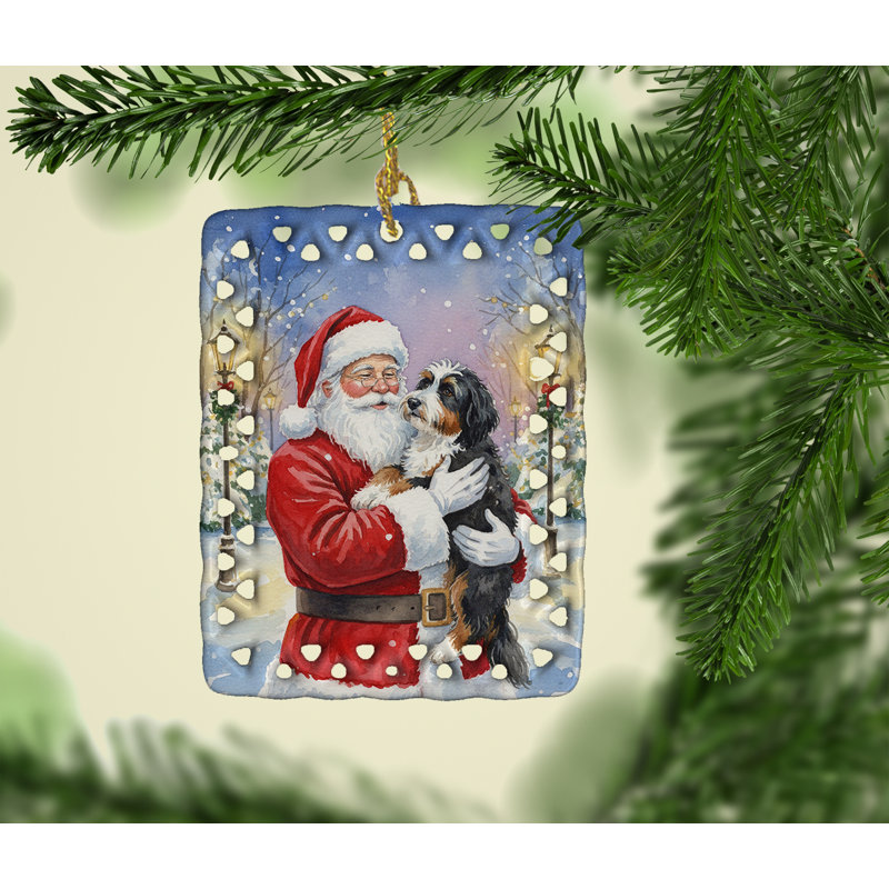 Ornement en porcelaine Bernedoodle avec le père Noël, Bernedoodle