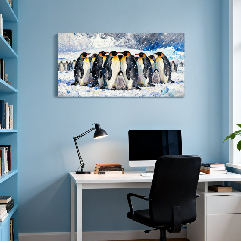 Animaux, groupe de pingouins dans un paysage enneigé, 16" H x 32" W