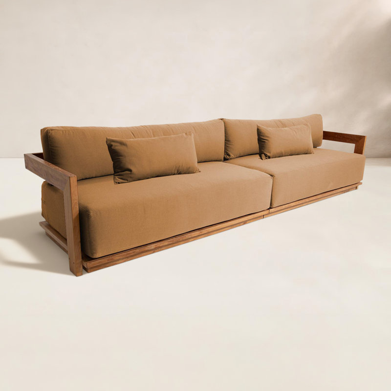 Hermosa 119" Wide Outdoor Teak Rectangle Patio Sofa with Cushions, Camel