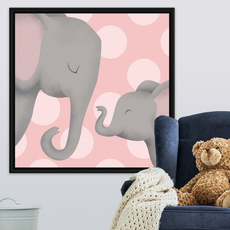 «Elephant Mommy and Baby on Pink», impression, H 36 po x l 36 po x P 1,75po, Cadre pour toile flottant noir