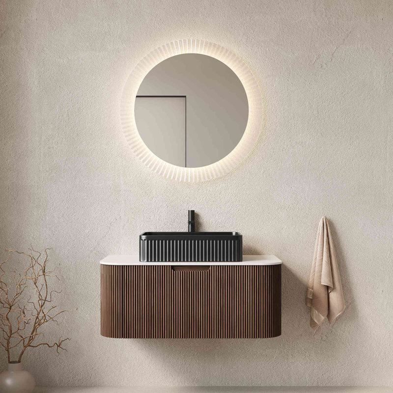 Meuble-lavabo de salle de bain avec lavabo, meuble de rangement mural à bords courbés et rayés avec 2 tiroirs, lavabo rectangulaire en céramique, sans robinet, pré-assemblé