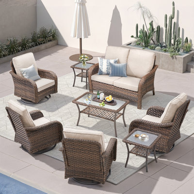 Ensemble de patio extérieur 8 pièces, causeuse en rotin toutes saisons avec chaises berçantes pivotantes, une table basse et 2 tables d'appoint, ensemble de conversation extérieur pour patio, porche, cour, jardin