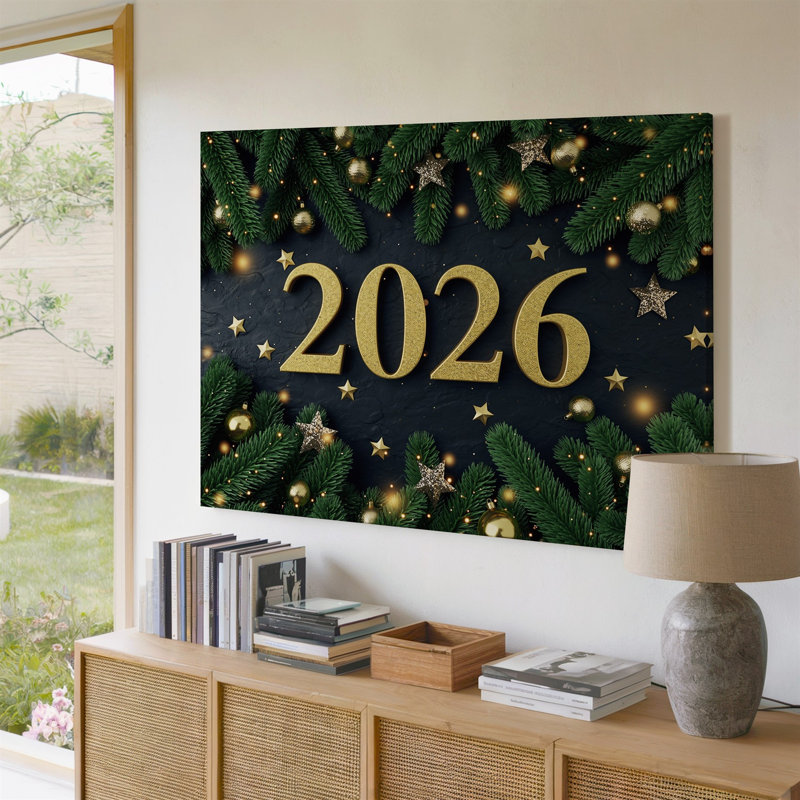 Toile, création d'une scène festive du Nouvel An mettant en vedette de grands numéros d'art mural dorés chatoyants mis en évidence au centre