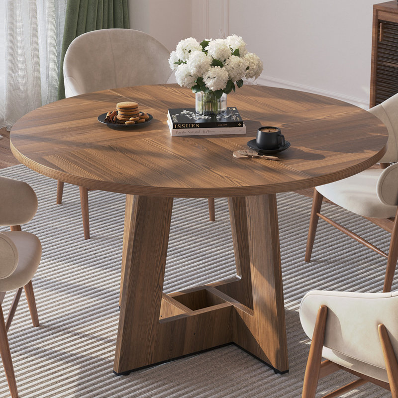 Mid-Century 47 Inch Wood Round Pedestal Dining Table for 4 - 6 people, Farmhouse Rustic Kitchen Dinner Table with Cross Base For Home, Dining Room, Living Room Furniture, Effortless Assembly