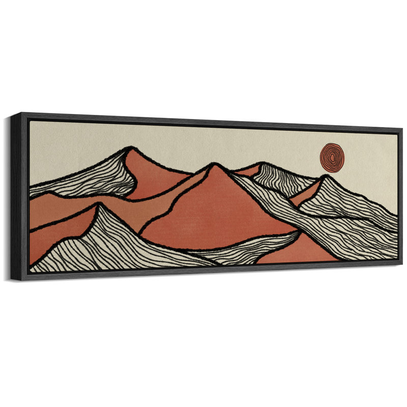 Soleil et lune stylisés, montagnes, paysage, soleil rouge, H 20 po x l 60 po, Noir, noir, noir, noir