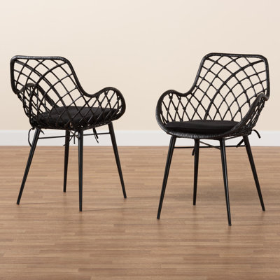Hileman Fabric Slat Back Rattan and Teak Wood Side Chair