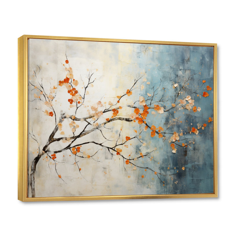 Orange, bleu sarcelle, érable, incandescent V - art mural érable, Cadre flottant doré, H 34 po x l 44 po x P 1,5 po
