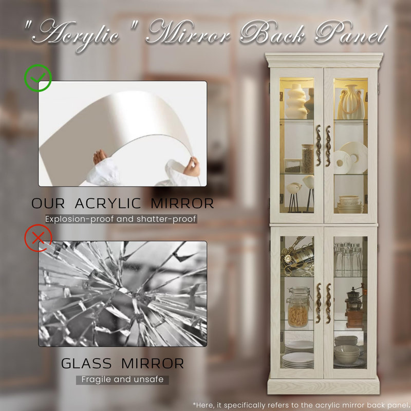 Lighted Curio Cabinet 71" Vintage Glass Display Case with Adjustable Shelves, 4 Tempered Glass Doors, Bulb Included, Wooden Square Wine Bar China Cabinet for Living Room Liquor Storage