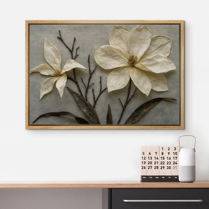 «White Dimensional Magnolia Flower with Sculpted Petals», reproduction d'art sur toile encadrée, H 16 po x l 24 po x P 1,5 po