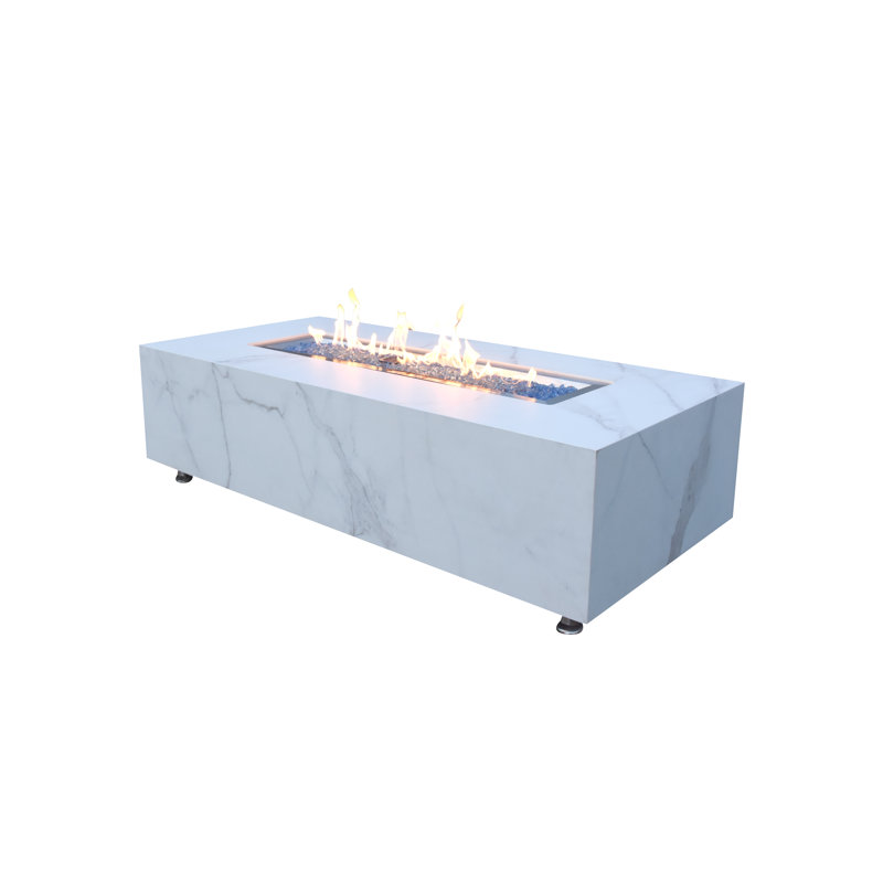 Rectangle Concrete Smokeless Fire Pit Table, Propane, Bianco White, 42.9cm H x 151.9cm W x 71.1cm D