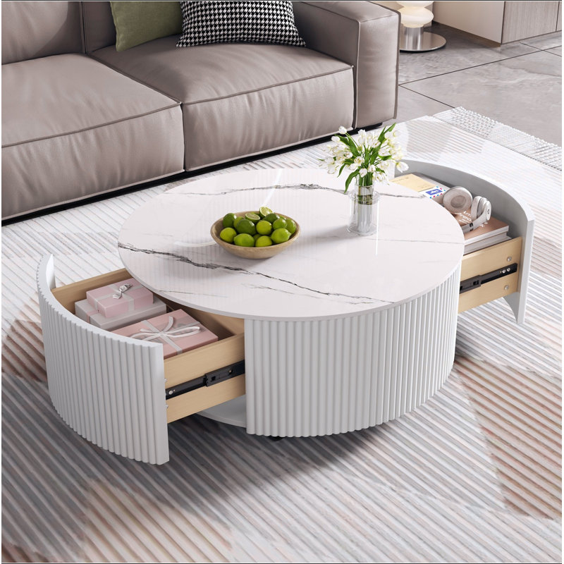 Table basse ronde moderne mobile avec roulettes, 2 tiroirs, plateau en marbre fritté à motif marbré, Blanc