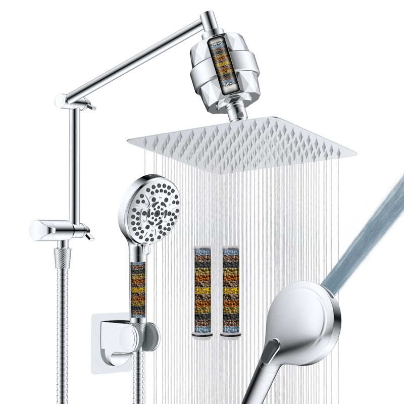 10” High Pressure Rainfall Shower Head With Handheld Spray, 16" Adjustable Extension Arm, 2 Pack Shower Filters, Chrome