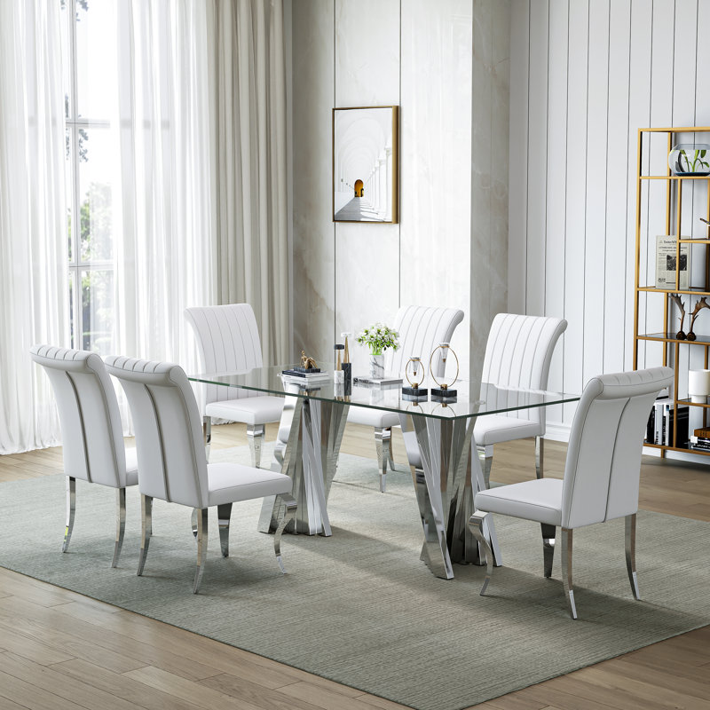 70" Modern Tempered Glass Dining Table Set With Sculptural Stainless Steel Base & Velvet Upholstered Chairs – Sleek Minimalist Design For Contemporary Dining Rooms