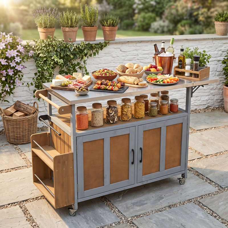 Îlot de cuisine pliable pour l'extérieur avec roulettes verrouillables, armoire, tablettes réglables, support et serviette