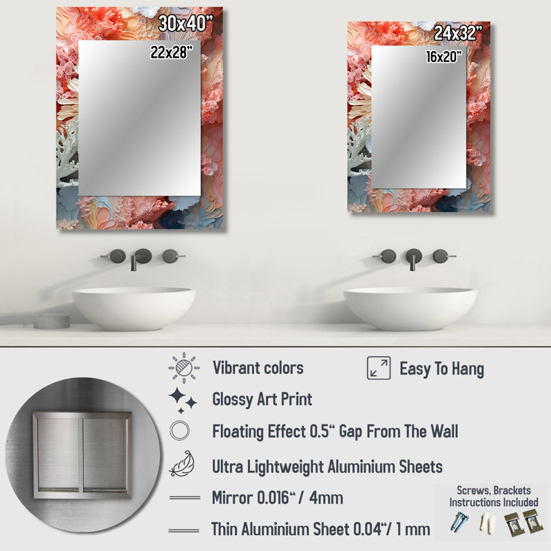 Pink And White Coastal Coral Collage IV - Corals Decorative Wall Mirror, Cream Large Mirror, Printed Metal Art, 32" x 24"