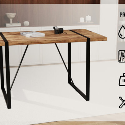 Table de salle à manger de 55 po en bois aggloméré rectangulaire industriel moderne pour 4 à 6 personnes, plateau de table en bois d'ingénierie de 1,5 po d'épaisseur et pieds rectangulaires en métal, utilisé pour la maison et la cuisine