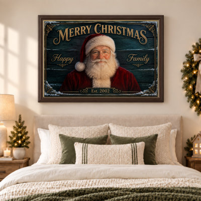 Portrait de père Noël en costume rouge sur toile de Noël en bois foncé