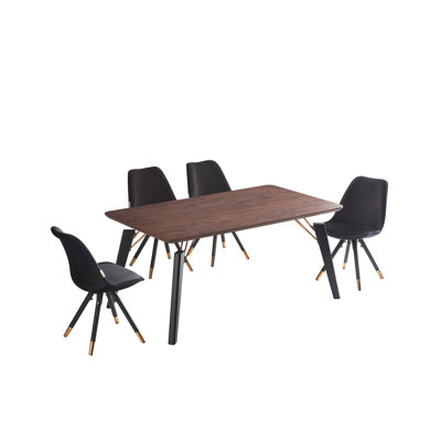 Gualtier 4 Person Dining set - a Rectangular Wooden Dining Table with Metal Legs and a Set of 4 Quilted Velvet Dining Chairs for Dining Room - Modern Dining Table Set