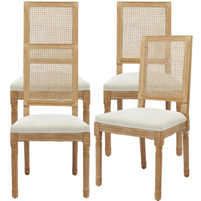 Chaises de salle à manger Amando de style champêtre français, chaises de salle à manger Louis avec dossier carré en rotin et cadre en bois massif magnifiquement sculpté