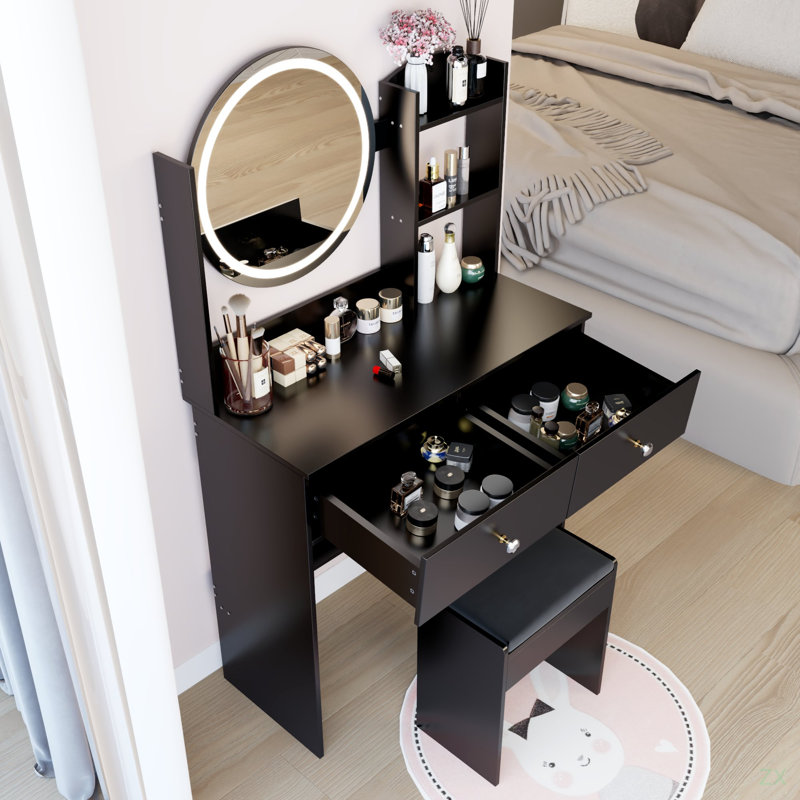 17" Round LED Mirror Vanity Table + Soft Cushion Stool Suit, Large Mirror, Touch Switch, Black
