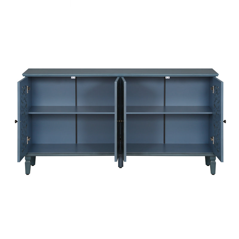 60" Antique Buffet Cabinet With Floral Carvings With Adjustable Shelves, Tv Stand For 65" Tv, Antique Blue