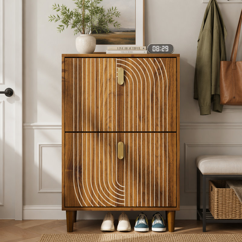 Shoe Storage Cabinet with 2 Flip Drawers & Metal Handles, Freestanding Line Groove Shoe Cabinet for Entryway