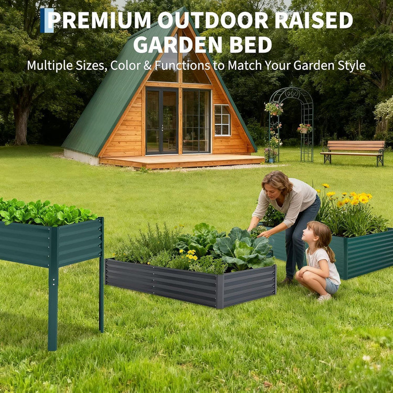 6-8 FT Raised Garden Bed with Greenhouse Cover, Galvanized Metal Planter Box with Screen Windows, 12" H x 72" W x 34" D