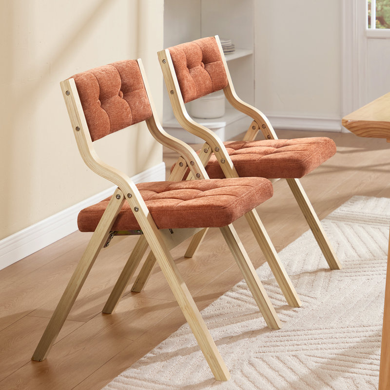Elegantly Designed Foldable Chair With Solid Wood Frame And Button-Tufted Upholstered Backrest And Seat, Orange/Natural