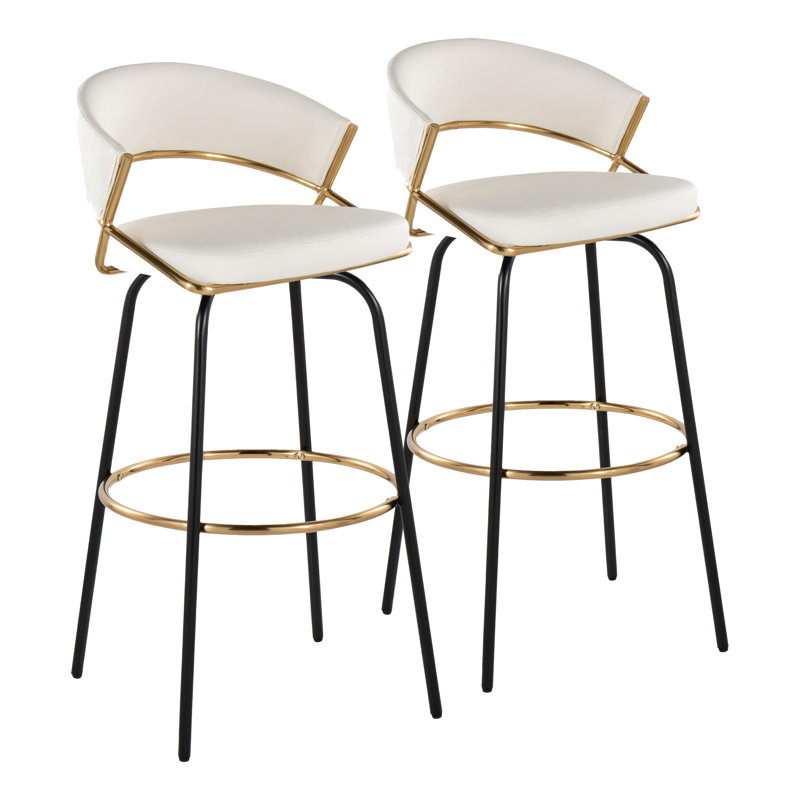 Loehr 30" Fixed-Height Metal Bar Stools with Round Footrest, White Faux Leather, Black/Gold, Bar Stool (29.5" Seat Height)