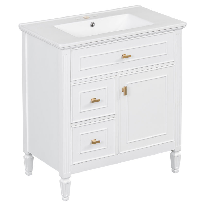 Meuble-lavabo de 30 po avec lavabo, meuble-lavabo avec un tiroir rabattable et deux tiroirs, tablette réglable, bois massif et panneau de fibres à densité moyenne, blanc