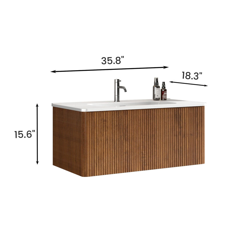 Meuble-lavabo rayé en noyer avec lavabo en céramique