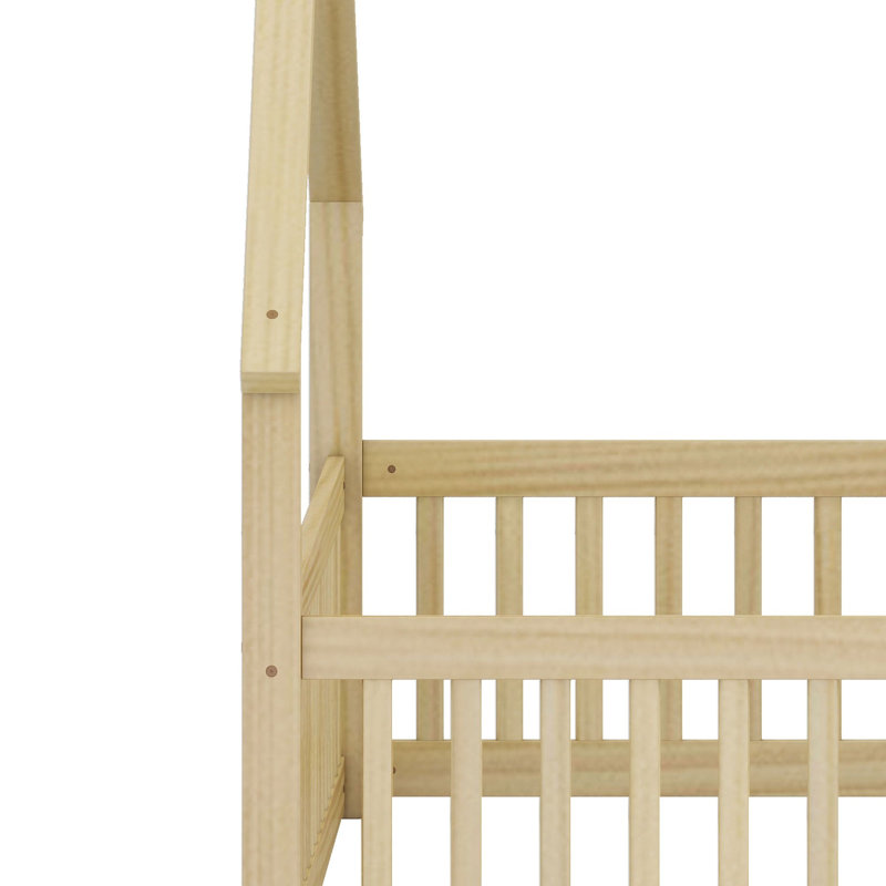 Lit au sol en forme de maison avec barrières de sécurité et structure de toit pour le jeu imaginatif et le sommeil des enfants