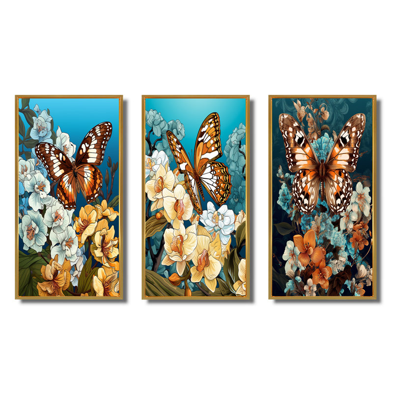 Gracious Brown Butterfly On Orchids Retro - Animals Butterfly Art Set Of 3 Pieces, Encadrement doré, H 20 po x l 36 po
