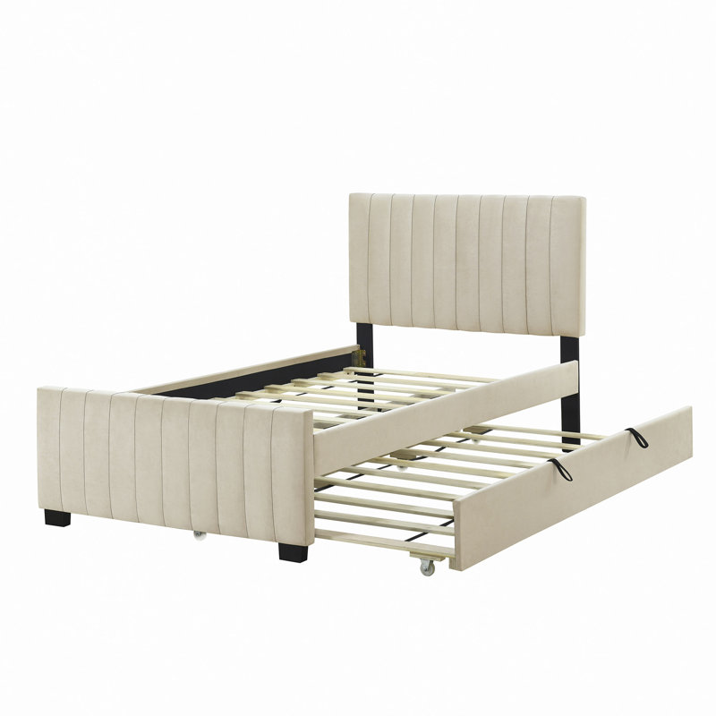 Lit plateforme tapissier en velours avec lit gigogne, Beige