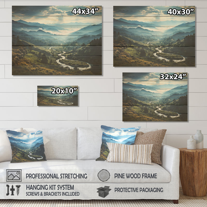 Bleu et vert, paysage de montagne majestueux II - paysage de montagnes sur bois, H 24 po x l 32 po