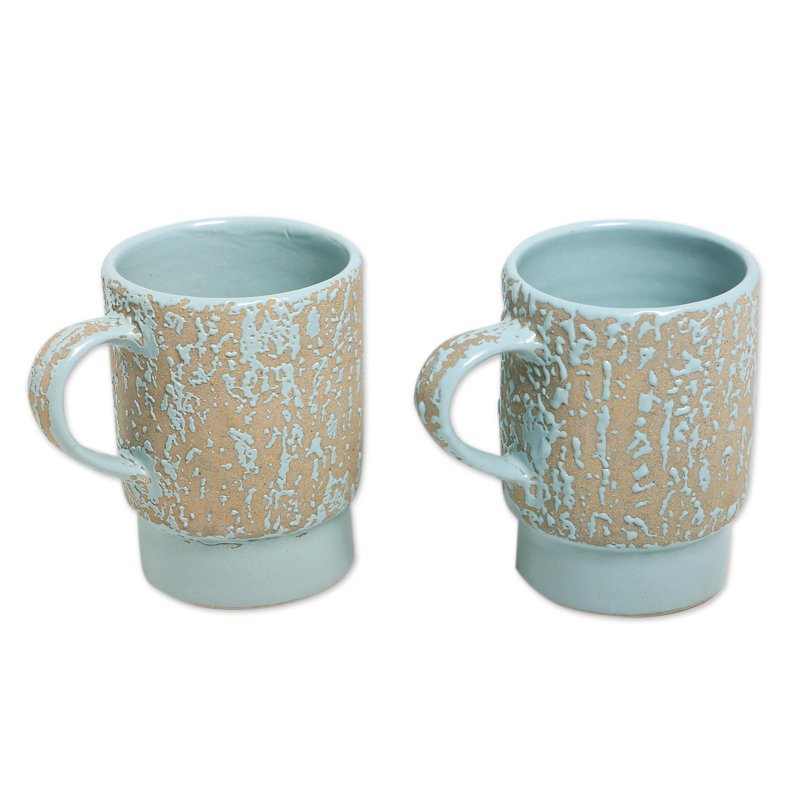 Handmade Turquoise Blue and Beige Ceramic Mugs (Set of 2)