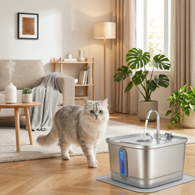 Stainless Steel Automatic Cat Water Fountain, 101oz/3L with Replacement Filters & Sponges (2 Each), for Cats & Small Dogs