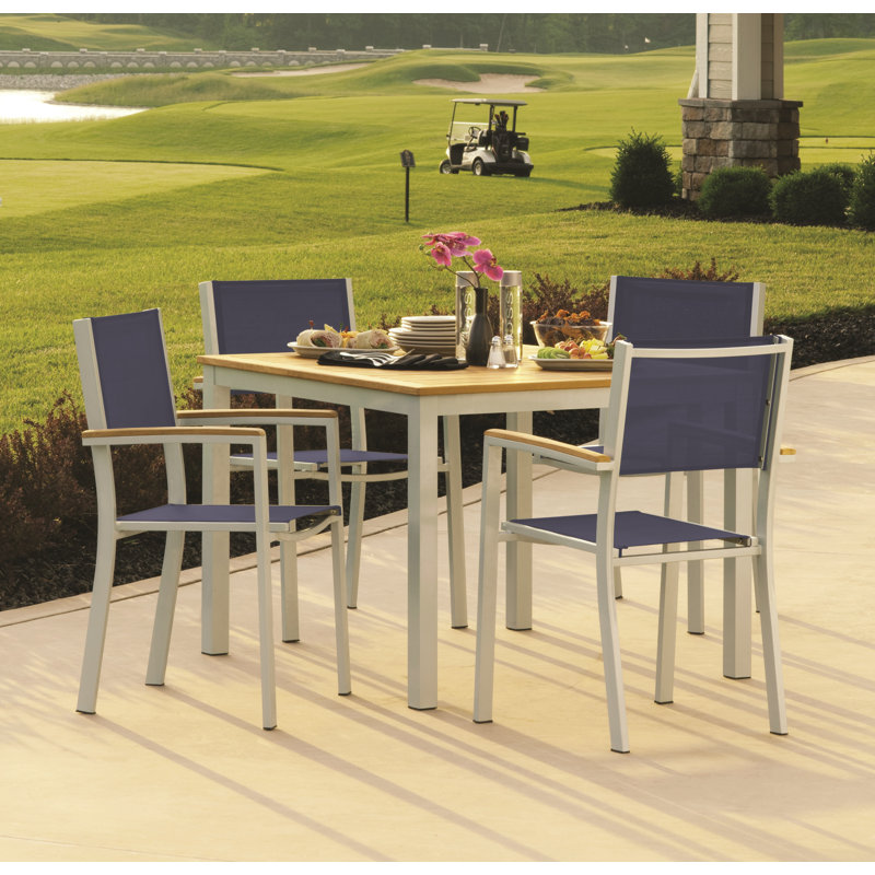 Travira Stacking Patio Arm Chair, Chalk, Ink Pen, Tekwood Natural