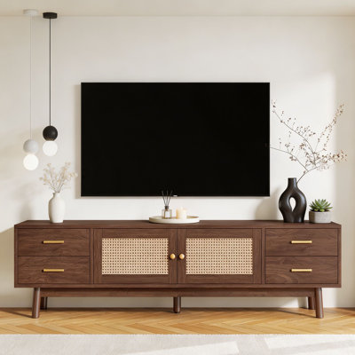 Ce meuble télé moderne est doté d'une porte en rotin et peut accueillir des téléviseurs de 80 pouces, servant de centre de divertissement à domicile pratique. Équipée de 4 tiroirs spacieux pour un grand rangement et de trous de câbles intégrés pour une gestion soignée des câbles, cette console multimédia est
