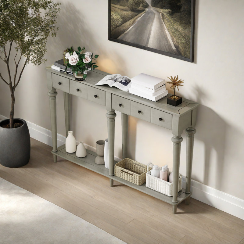 Table d'entrée avec 4 tiroirs, console rétro avec tablette ouverte pour les entrées, les salons et les couloirs, Gris délavé