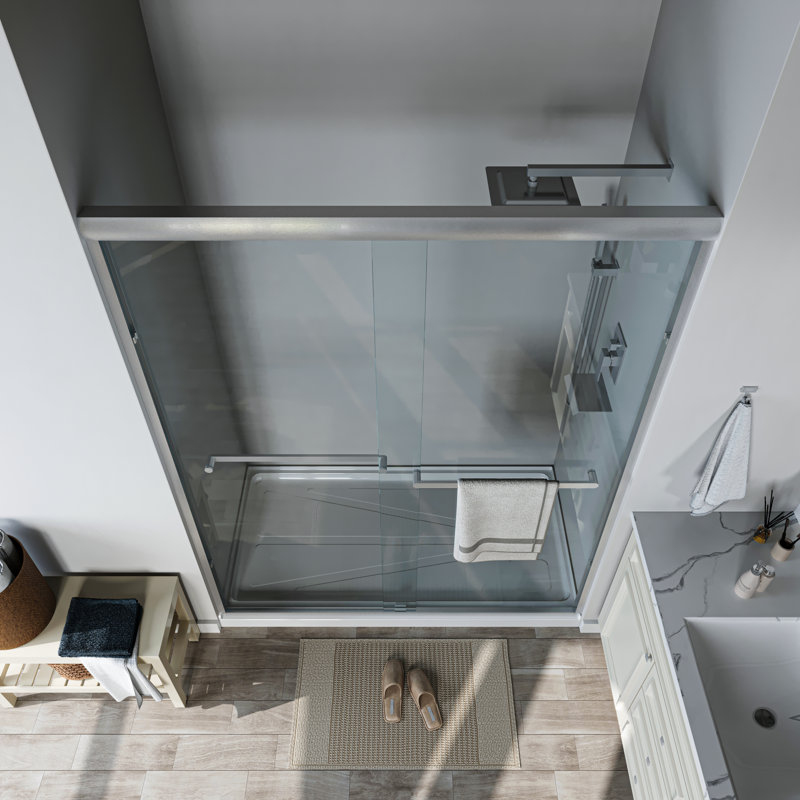 56 po à 60 po X P 72 po H Porte de douche coulissante encadrée avec verre transparent, Nickel brossé