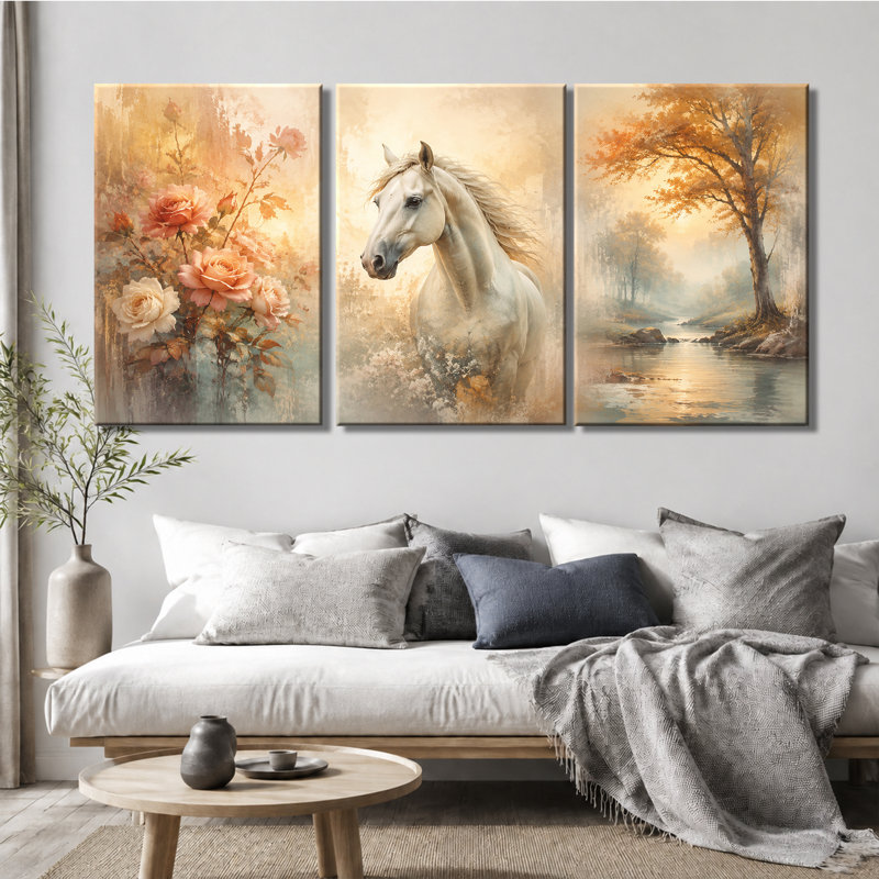 3 panneaux muraux, cheval blanc, forêt rose, rivière, impression sur toile tendue pour le salon, 16 * 24 pouces * 3