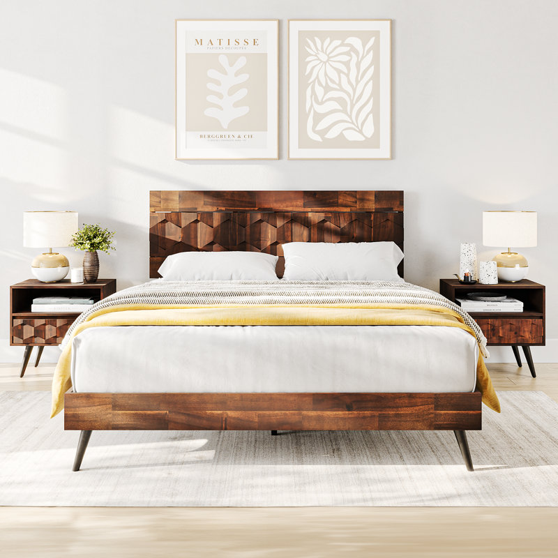 Georgina Solid Wood Platform Bed Frame with Headboard, Mid Century Geometric Pattern, Queen, Dark Chocolate
