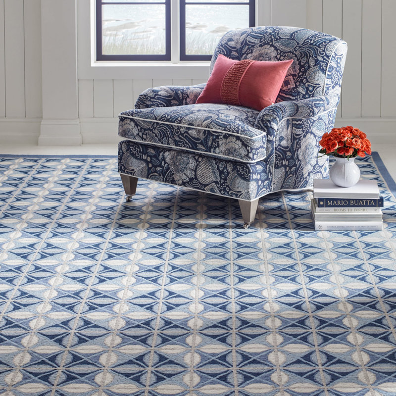 Delphine Hand-Knotted Wool Blue/White Area Rug, Rectangle 8' x 11'